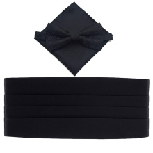 Solide schwarze Polyester Kummerbund Fliege und Hanky ​​Set